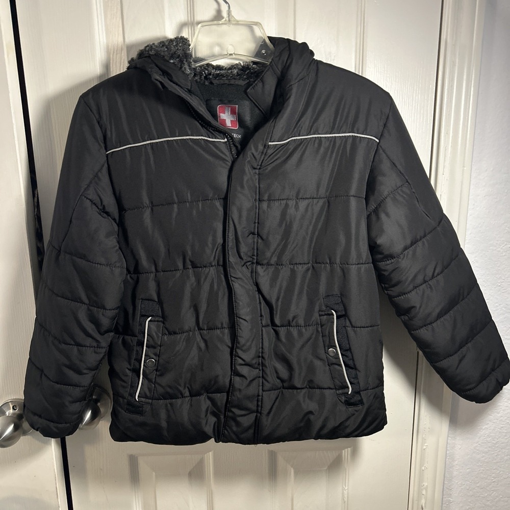 SWISS TECH Youth Kids Puffer Jacket Coat Size Large (10-12) Black With Hood